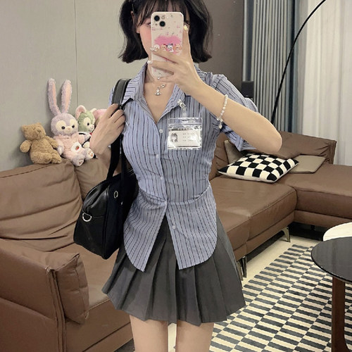 大尺码胖mm纯欲学院风收腰条纹衬衫百D褶裙女夏辣妹显瘦jk制服两