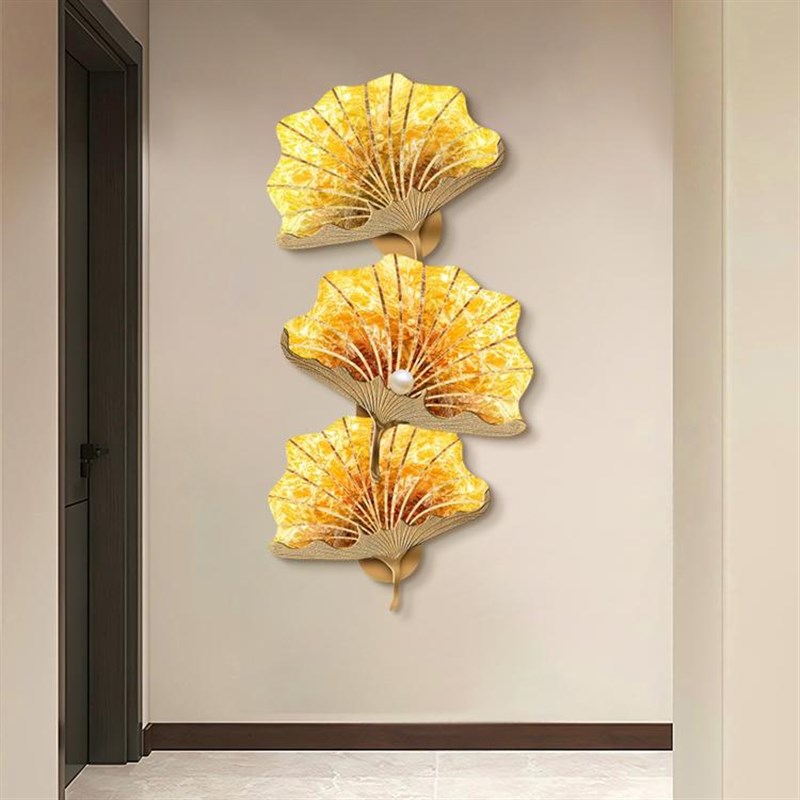 新中式银杏叶玄关装饰画带灯走廊过道竖版壁画高级入户正对门挂画