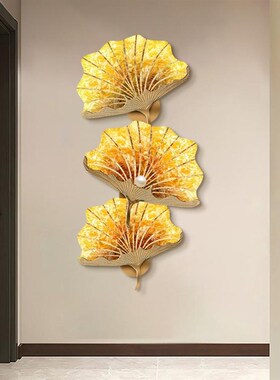 新中式银杏叶玄关装饰画带灯走廊过道竖版壁画高级入户正对门挂画