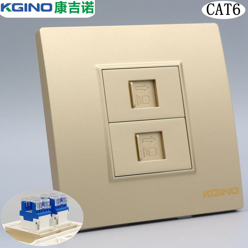 金色六类电脑插座二位千兆RJ45网络口信息面板CAT6网线口墙壁插座