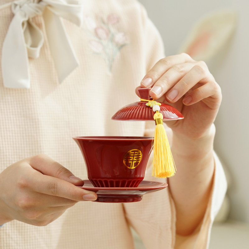 时光结婚敬茶杯喜碗筷套装一对陪嫁婚礼陶瓷改口敬茶喜杯用品大全