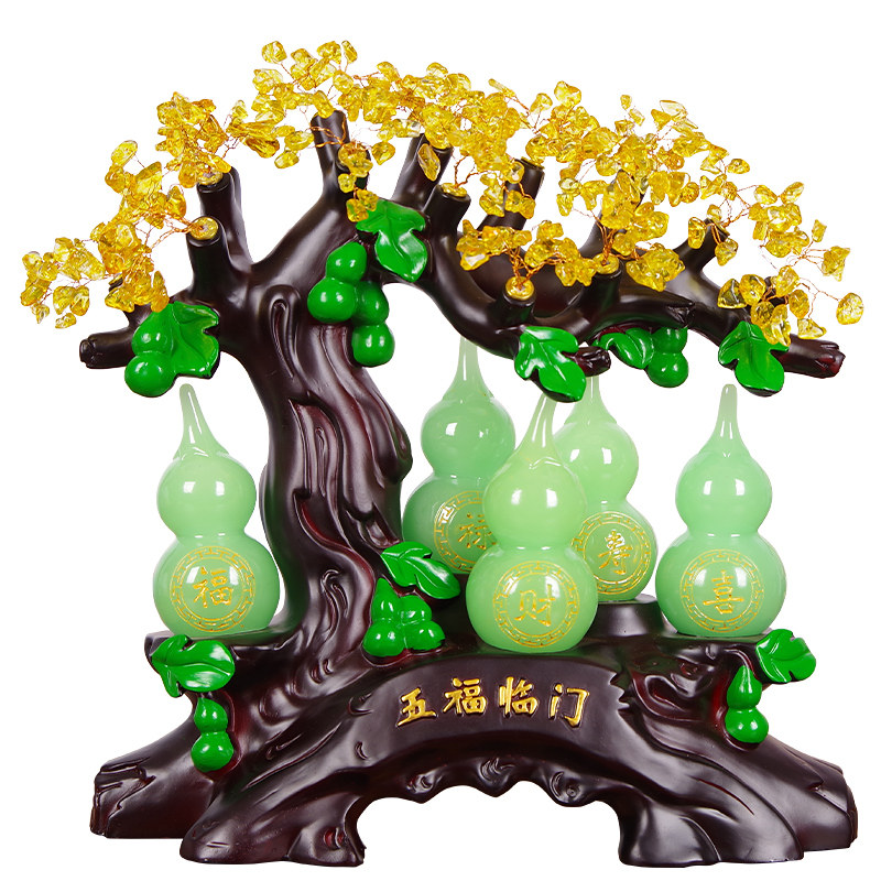 五福临门葫芦摆件天然黄水晶玉葫芦开业客厅办公室家居装饰品摆设