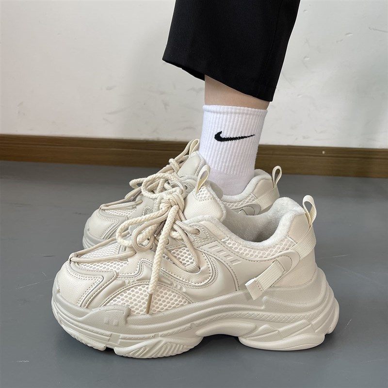 冬季男鞋国潮奶油米色加绒老爹鞋轻便休闲厚底学生保暖二棉运动鞋