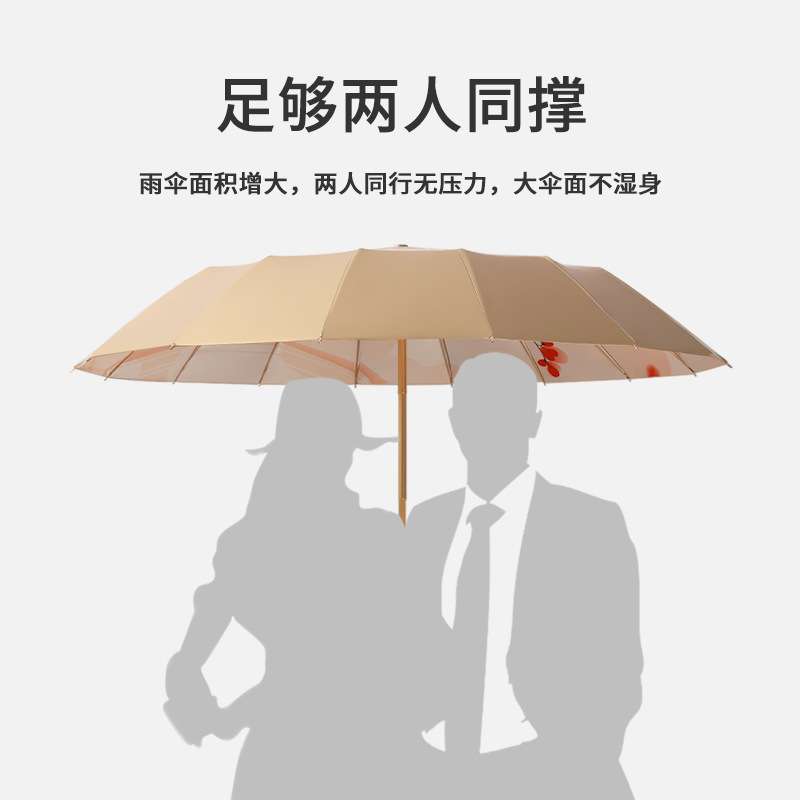 三折16骨钛金手开晴雨伞复古实木手柄遮阳伞黑胶防晒太阳伞一件代