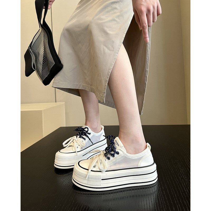 夏季冰感新品~薄款网纱透t气增高厚底板鞋女鞋小白鞋小个子帆布鞋
