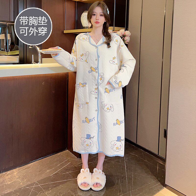 免穿文胸孕妇f哺乳睡裙女秋冬季空气棉产妇喂奶带胸垫月子服春秋