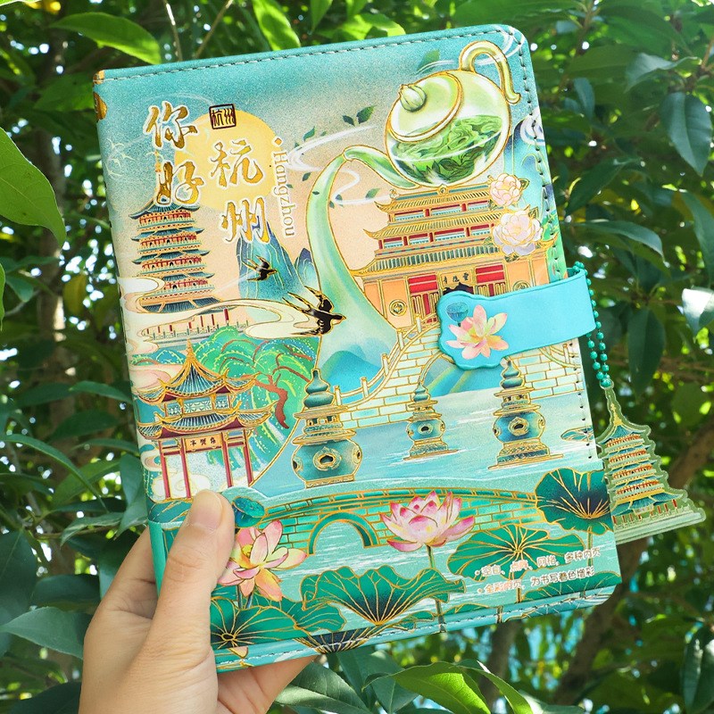 杭州旅游纪念笔记本西湖建筑pu记事本浙江特色彩页手账套装伴手礼