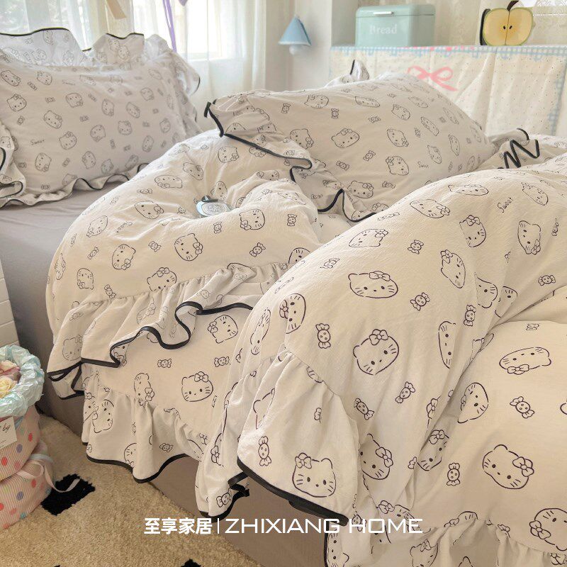 法式花边水洗棉双层纱床上四v件套少女公主风被套罩宿舍床单三件