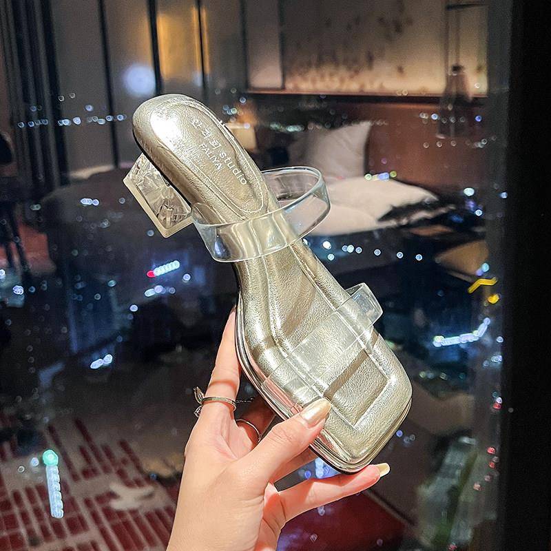 式气质屎感一字L4kaF29k带透明踩凉法鞋女夏银色水晶粗高跟凉拖鞋