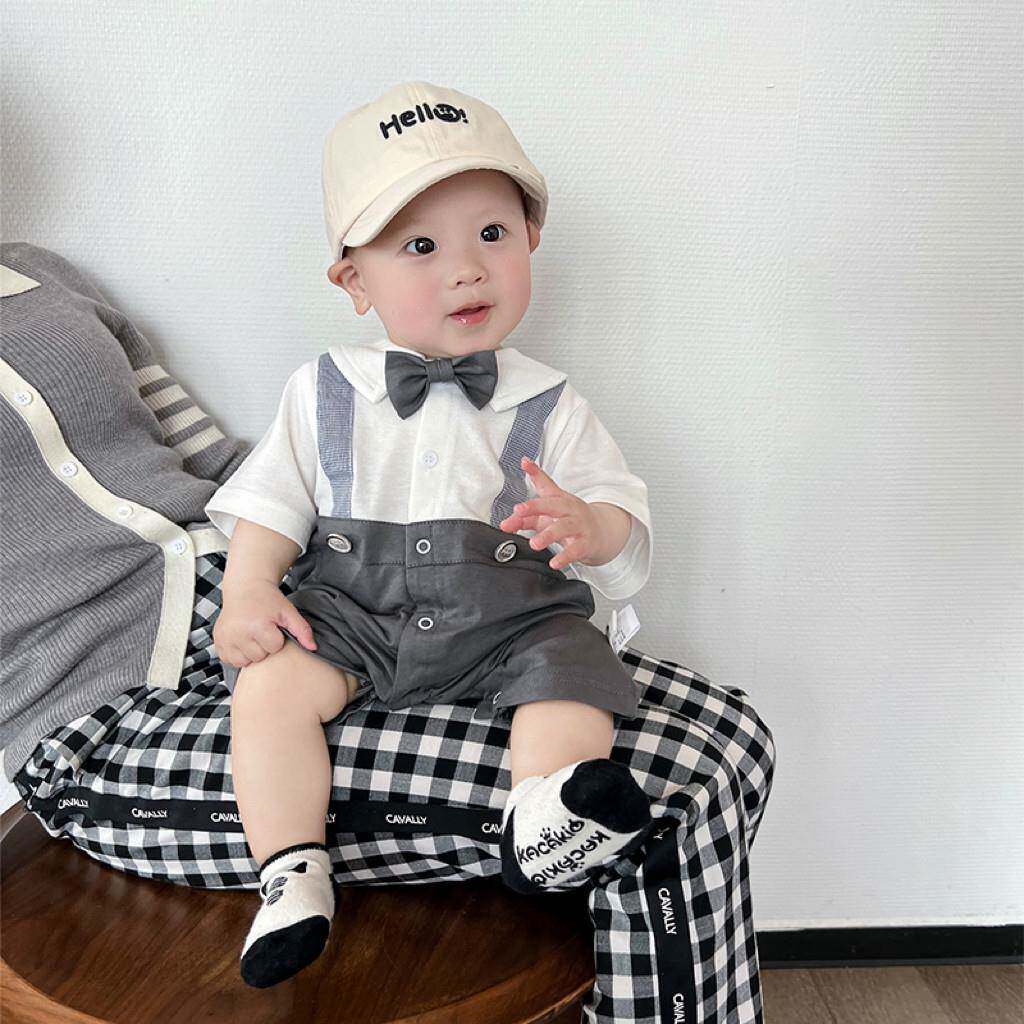 男童连体结衣夏季儿童绅士假两领爬服宝宝月周满岁爬服生件GWY日