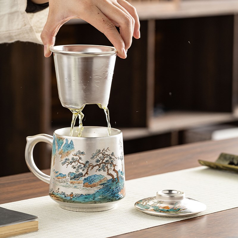 银水杯999g真银鎏银手工茶具茶水分离杯子送长辈领导礼品养生茶器
