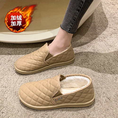 皮面低帮小棉鞋女秋冬防s水防滑孕妇鞋一脚蹬懒人鞋加绒妈妈豆豆