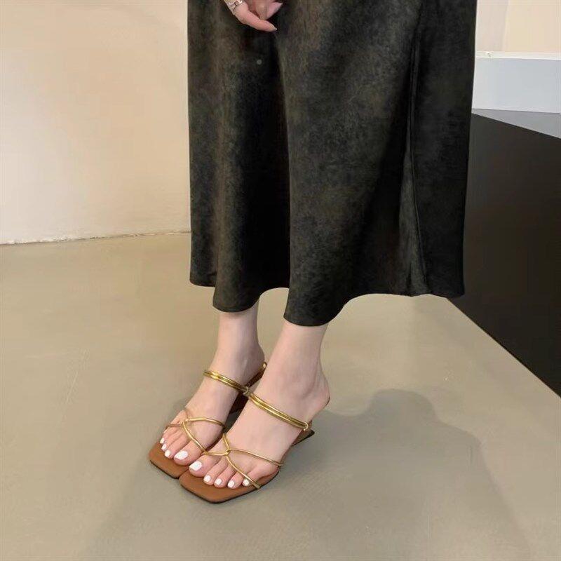 新穿式夏季交叉细带方头露跟趾坡跟中IwvZjJL拖鞋外穿款高跟女凉