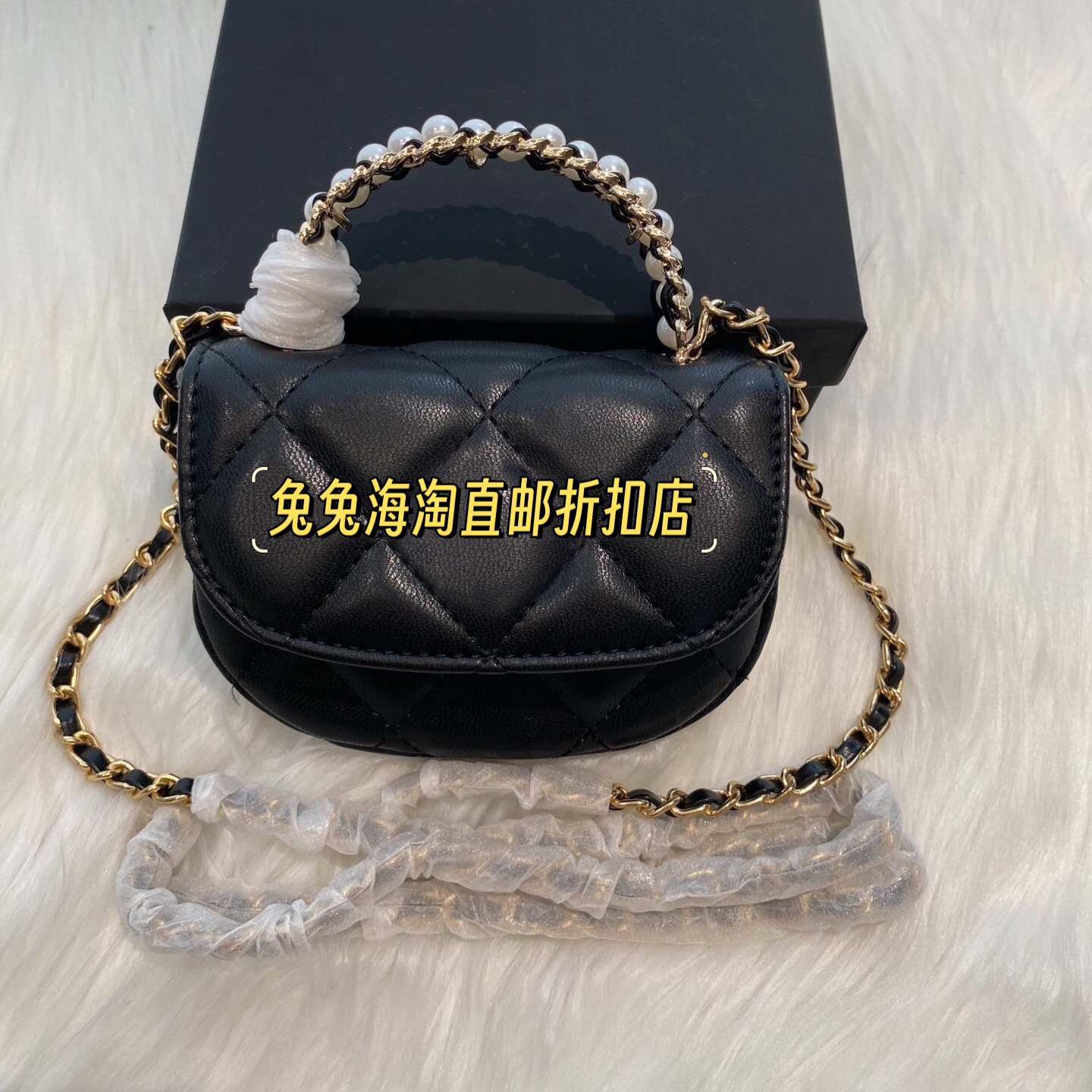 新款小清新小羊皮迷你菱格单肩斜挎链条包化妆包黑金珍珠手柄包女