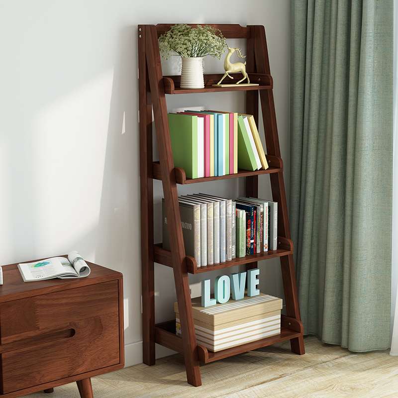 实木落地置物架 简易卧室客厅小型储物书架白色 北欧室内梯形花架