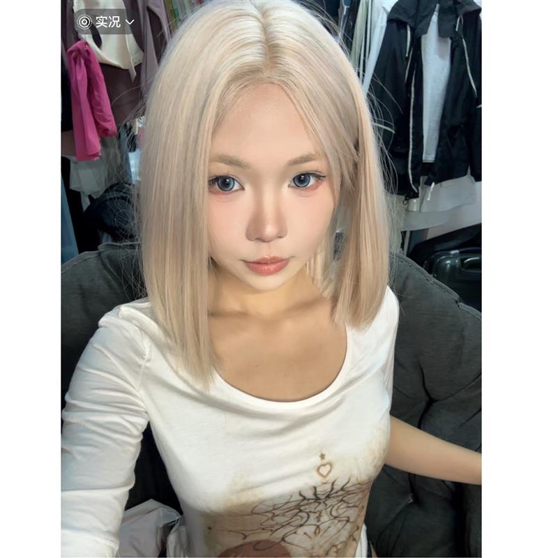 自然粉金色假发女小额蕾r丝短发夏日假发中分百搭日常假发全头发