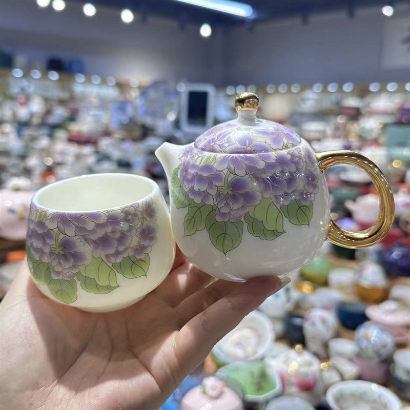 羊脂玉瓷龙蛋壶紫藤绣球花家用功夫下午茶泡茶壶主人杯一壶一杯