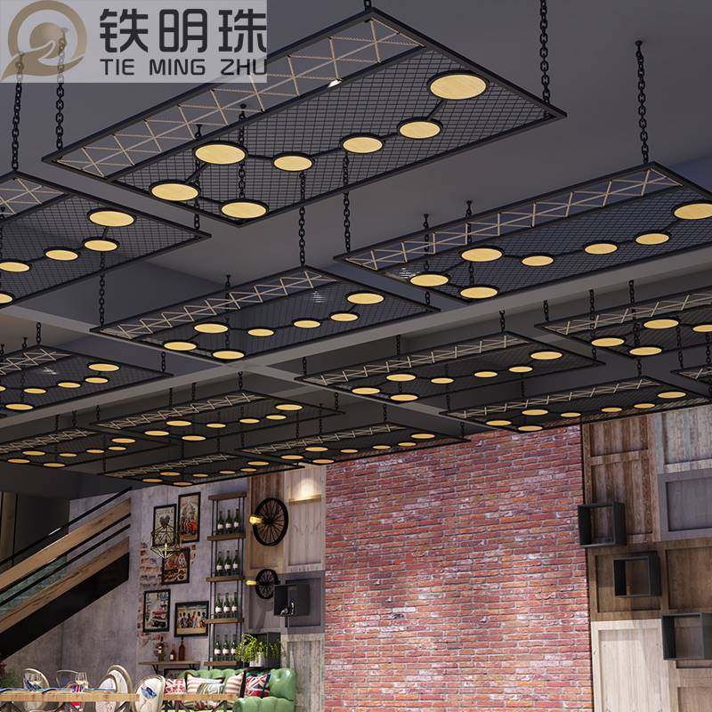 工业风吊顶餐厅铁艺隔断屏风酒店铁网天花板网格麻绳木条装饰定制