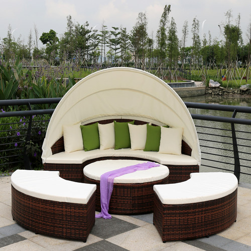 户外休闲床大躺床藤编大圆床花园庭院泳池室外露天睡觉带篷沙滩床