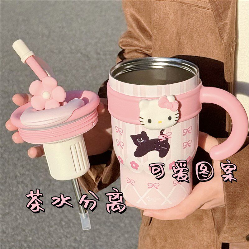 可爱猫咪保温杯女生大容量学生吸管水杯高颜值带茶隔办公室冰霸杯