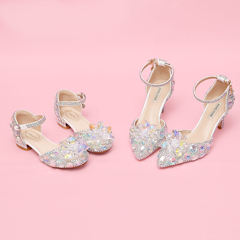 儿童水晶鞋婚礼水钻演出亲子一字式带包头公主舞蹈女大童高跟凉鞋
