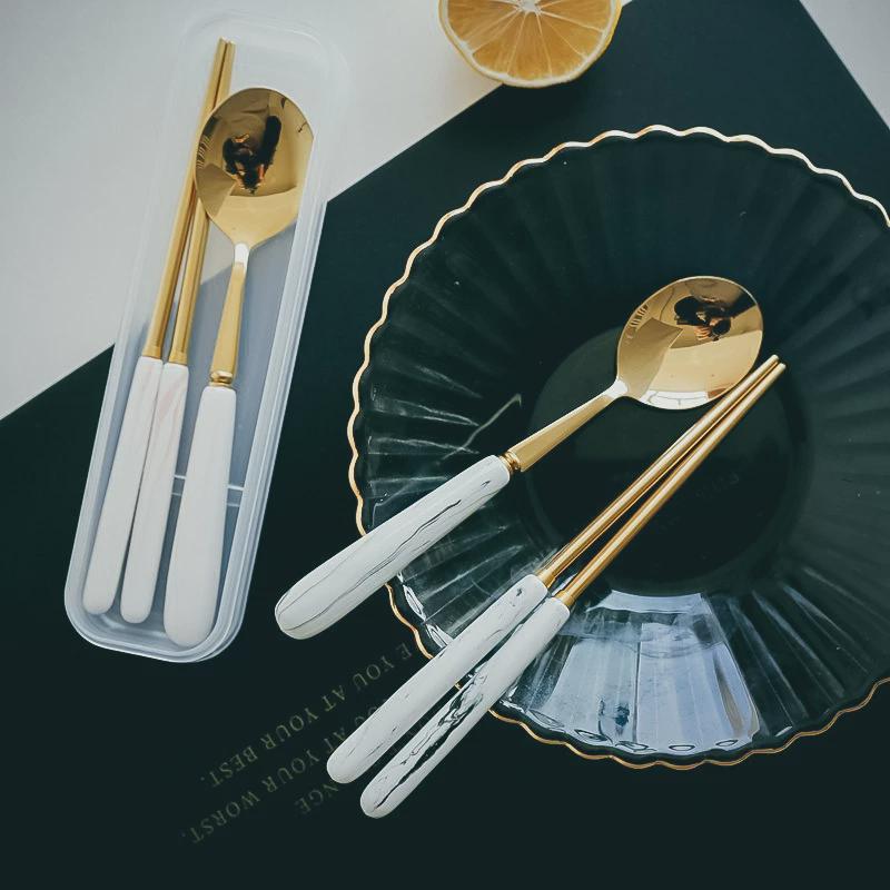 陶瓷不锈钢筷子勺子套装上班族学生便携餐具一人食旅行筷子单人装