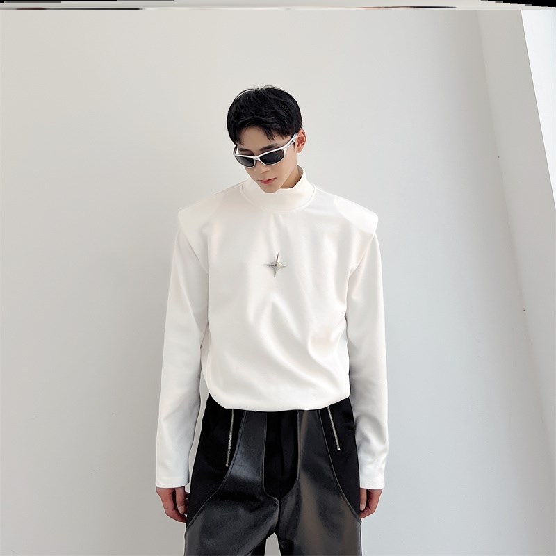 暗黑小众半高领长袖t恤男垫肩设计感小众金属装饰洋气打底衫T恤衫