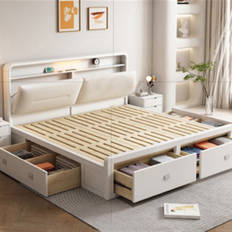 床头充电白色实木床现代简约高箱抽屉储物床主卧双人床气压收纳