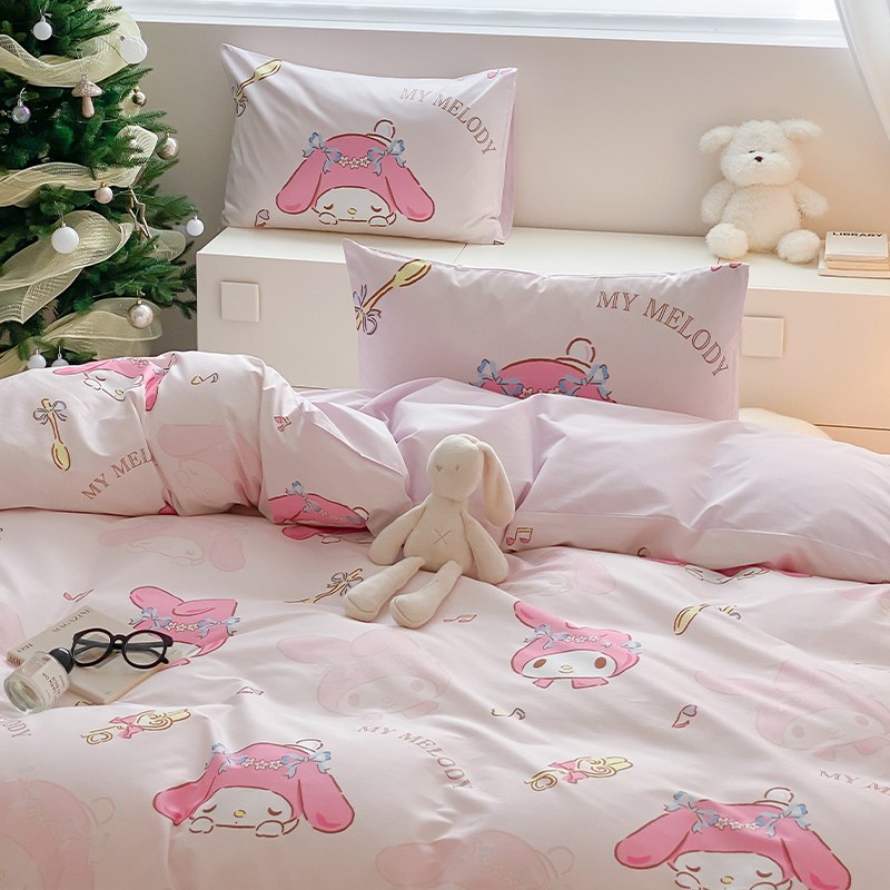 玉桂狗卡通全棉水洗棉被套单件床单被罩被单三件套粉色四件套