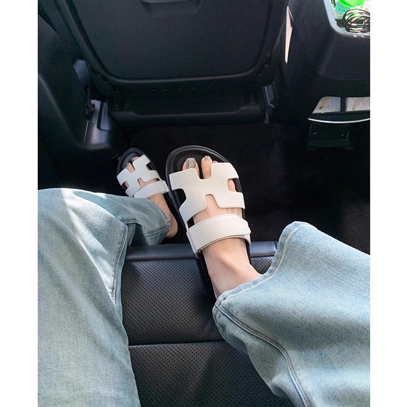 二舅拖鞋a女外穿夏拼色防滑厚底魔术贴平底女式情侣款一字拖凉鞋