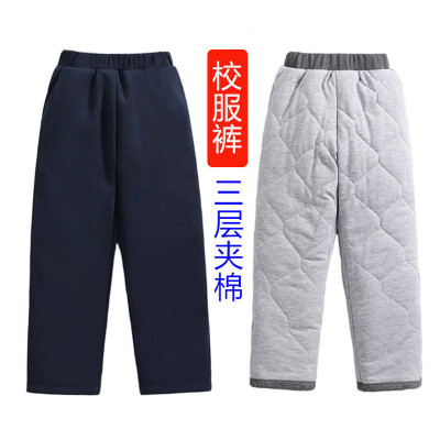 儿童校服裤子藏青色冬季三层夹棉