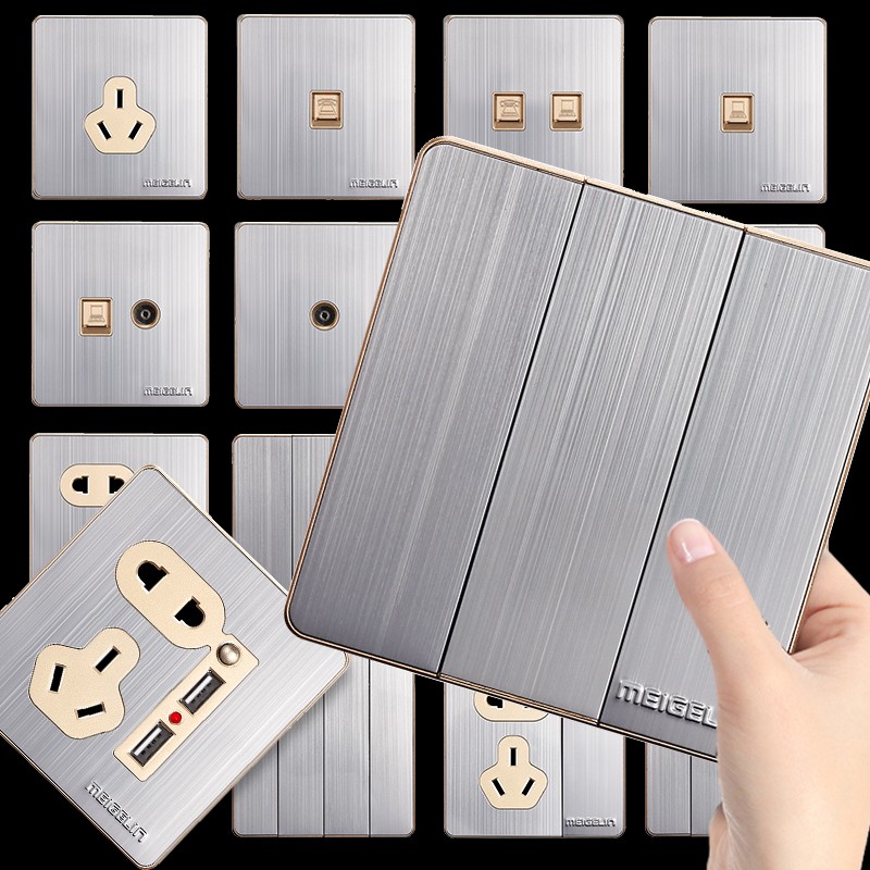 86型暗装墙壁开关插座面板三开双控双联3开304不锈钢拉丝银灰色