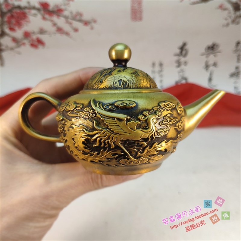 仿古铜壶纯铜龙凤壶摆q件水壶茶壶紫铜包浆家居装饰把玩收藏工艺