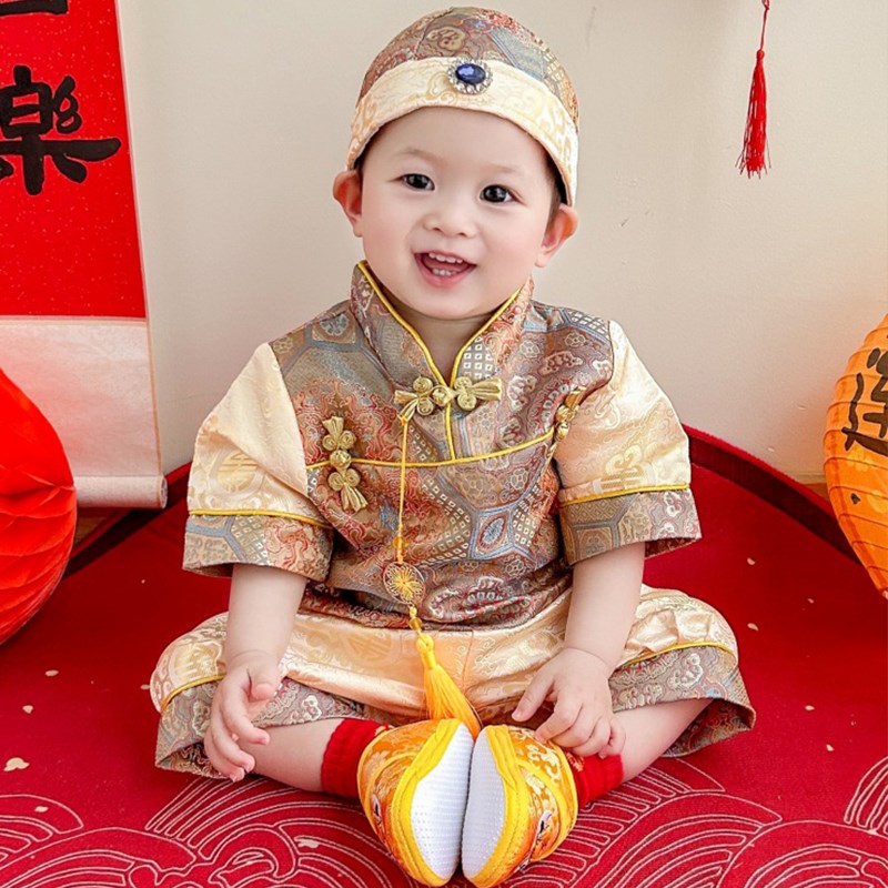 新中式儿童唐装夏季宝宝百天生日一周岁抓周礼服男童周岁喜庆冠衣