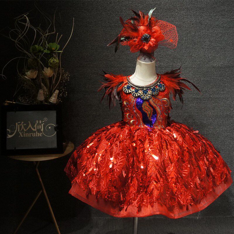 儿童红色短款礼服女童鸵鸟毛时尚亮片新年喜庆主持表演演出服