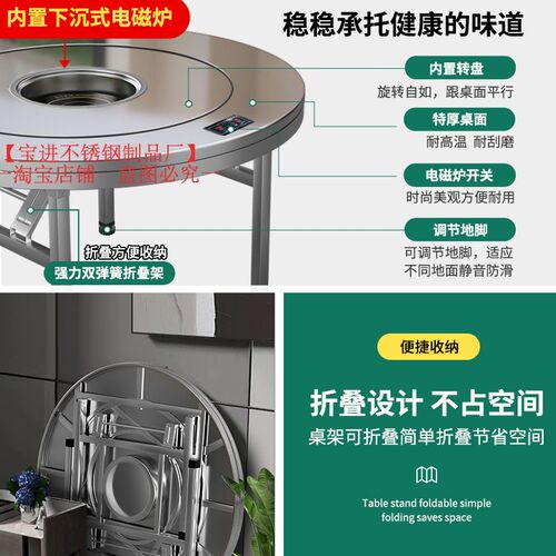 不锈钢圆桌304家用食堂火锅餐桌商用饭O桌饭台家用吃饭可折叠