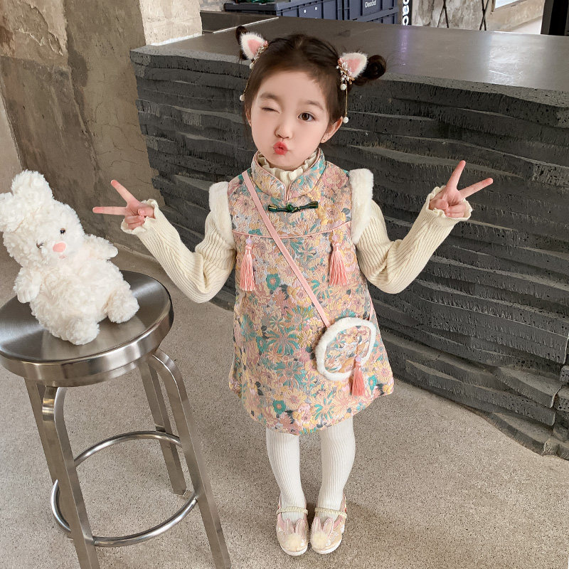 女童拜年服套装秋冬季2024新款儿童洋派加厚宝宝中国风旗袍洋装