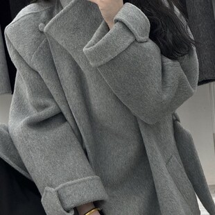 大翻领双面羊毛大衣 加长加大款腰带浴袍系带毛呢加厚长毛外套女
