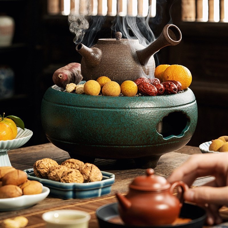 围炉煮茶家用室内电陶炉中式电碳两用炭炉炭火Q茶桌烤火炉茶壶套