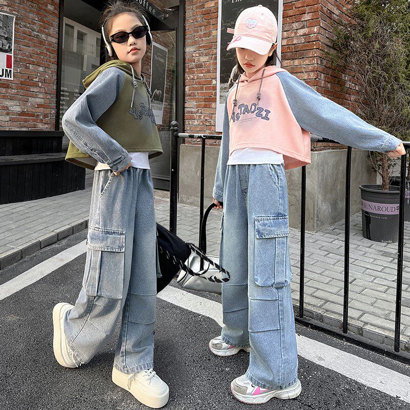 女童牛仔裤春秋宽松网红洋气春款阔腿裤女大童工装裤休闲儿童裤子