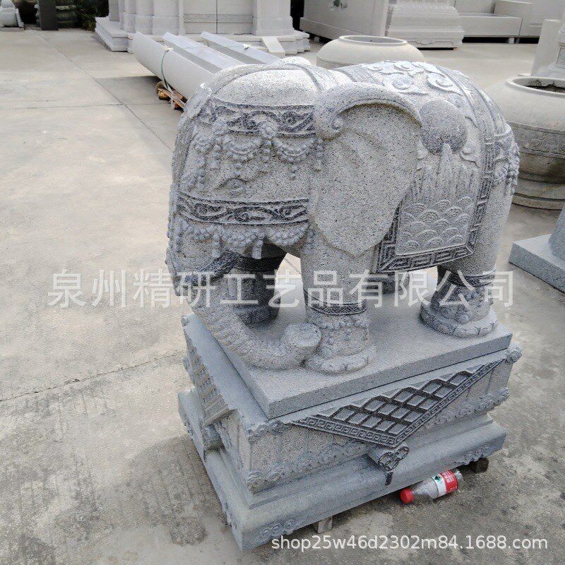 石雕芝麻白大象 建筑门口s大理石招财象雕塑摆件 一体石材大象雕