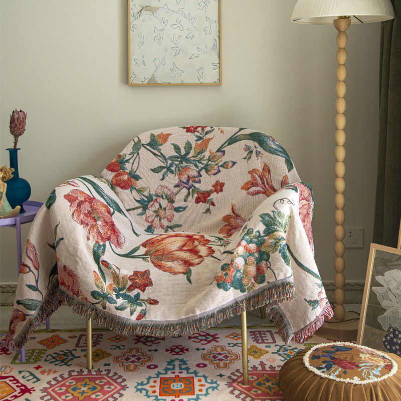 艺术油画风单人沙发毯防猫抓新古典花朵大尺寸沙发盖布防滑露营毯