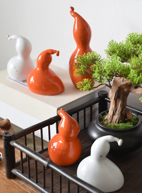 新中式简约橙色白色抽象陶瓷葫芦A摆件书柜客厅样板房茶几软装饰