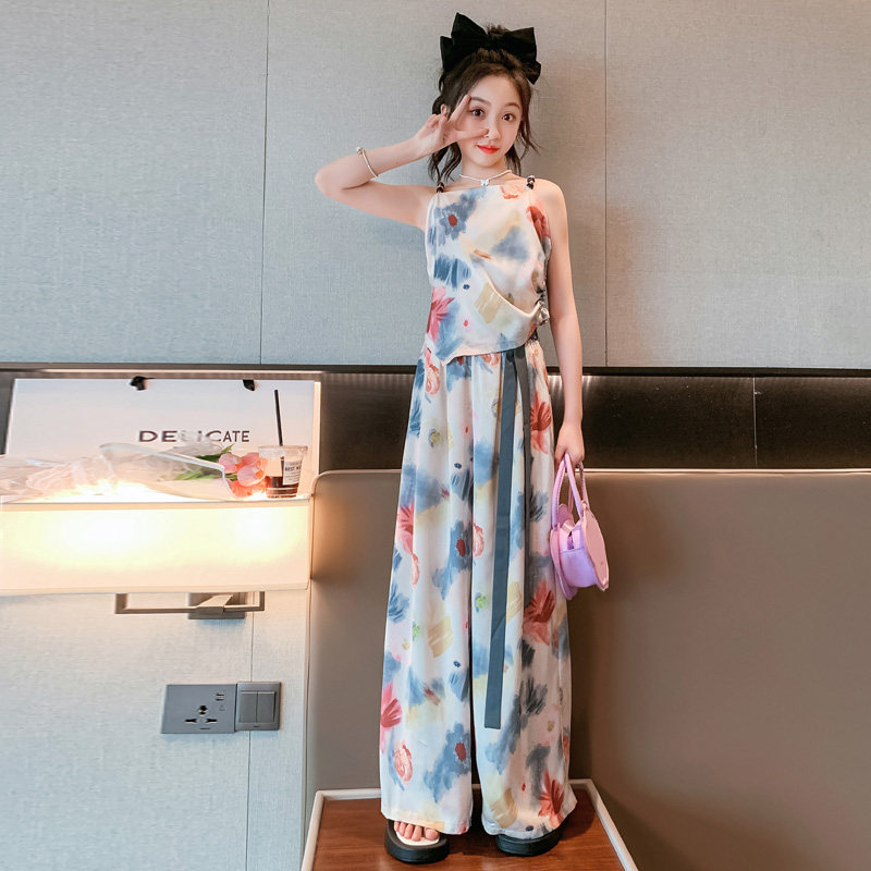 女童夏季套装2023新款大童洋气缎面吊带阔腿裤两件套儿童女孩夏装
