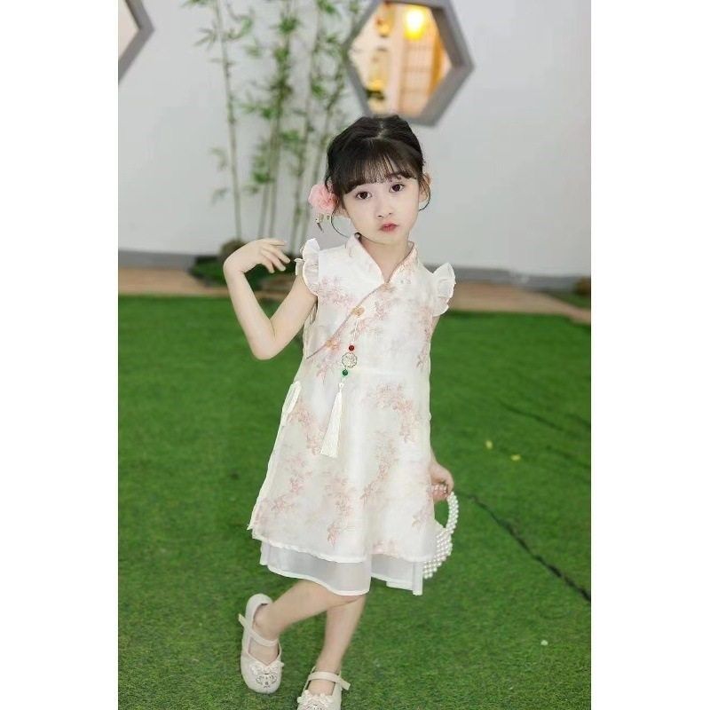 雪纺飞袖女童旗袍裙子儿童洋装幼儿夏季服饰生日周岁礼服女孩公主