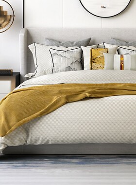 新中式样板间床品杏黄色中国风古典老人房展示用样X板间床上用品