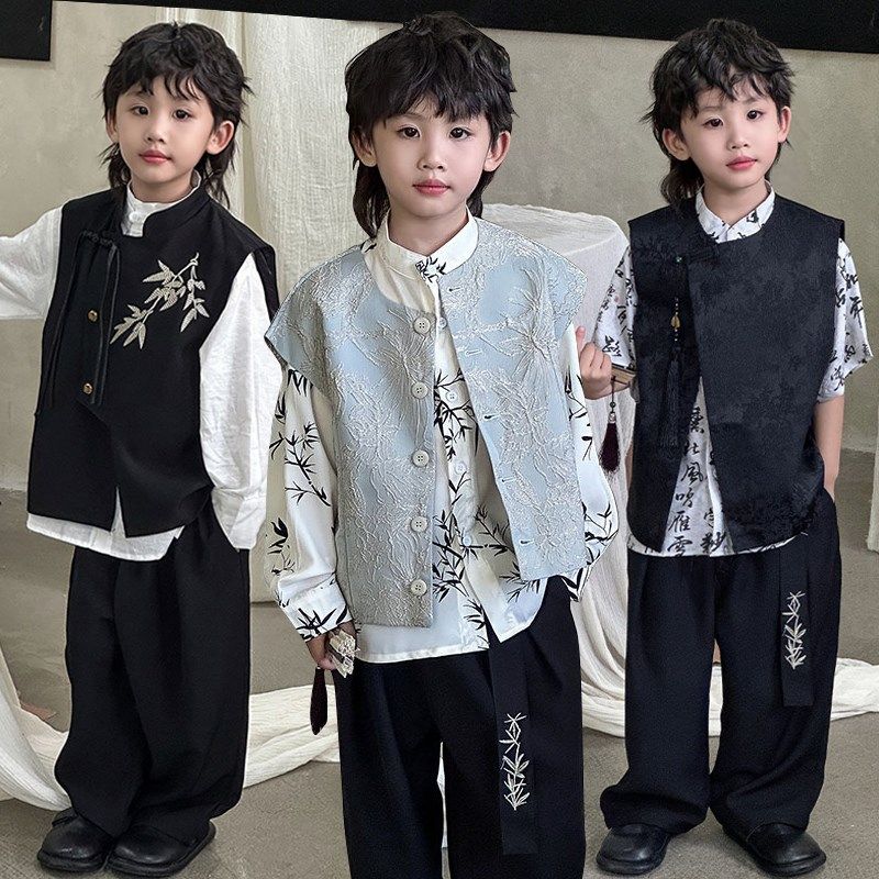 帅气男童新中式唐装马甲衬衫套装花童礼服国风汉服儿童走秀演出服