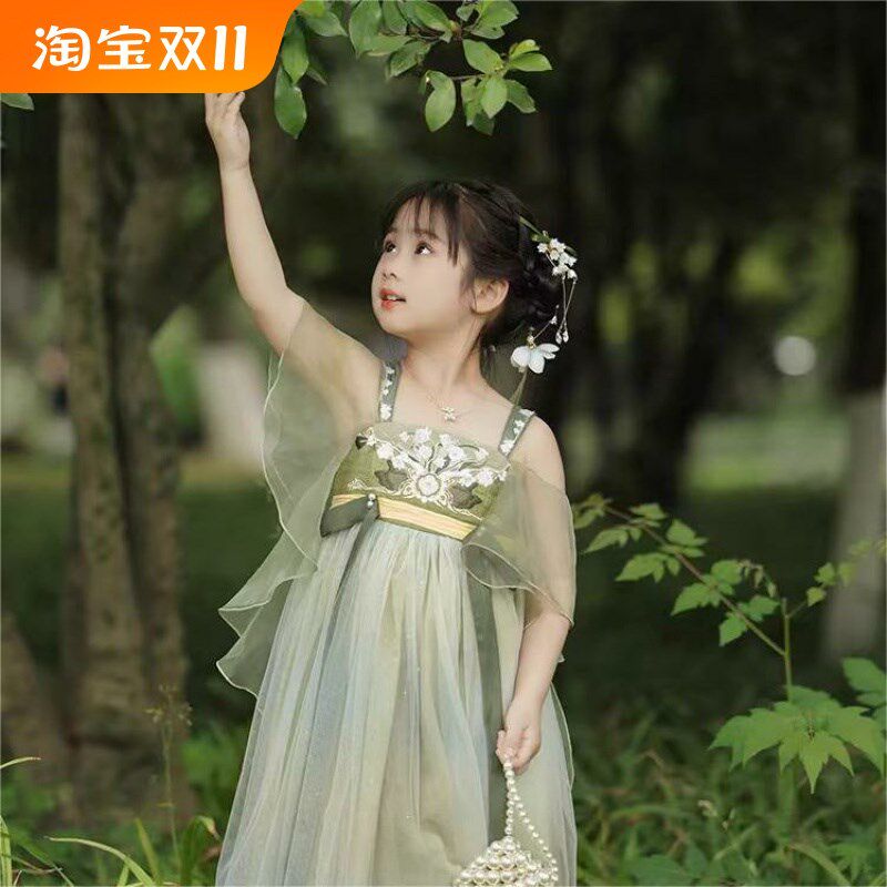 女童汉服夏季国风唐代襦裙儿童古风超仙日常连衣裙旅拍绿色小清新