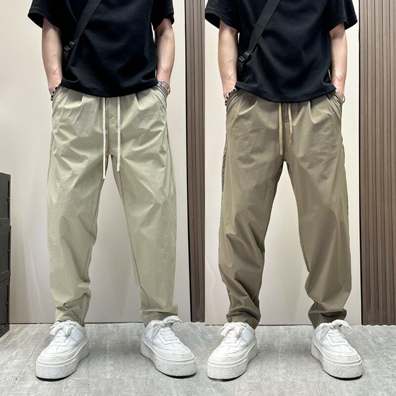 男裤2025新款直筒休闲裤高级感卡其色速干冰丝哈伦裤夏季工装裤子