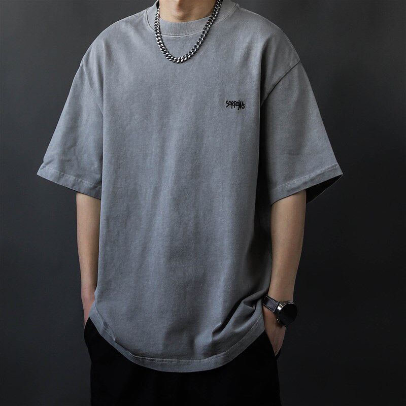 美式复古320g重磅水洗做旧印花短袖T恤男女宽松灰色纯棉圆领半袖